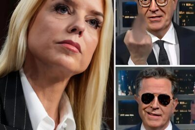 Pam Bondi didn’t just appear on The Late Show—she dominated it. In a jaw-dropping moment that had both the audience and Stephen Colbert stunned, Bondi fired back with a brutal one-liner that completely shifted the tone of the show. Colbert, known for his sharp comebacks, was speechless. Cameras captured the panic behind the scenes as producers rushed to salvage the segment. Viewers at home couldn’t believe what they were…