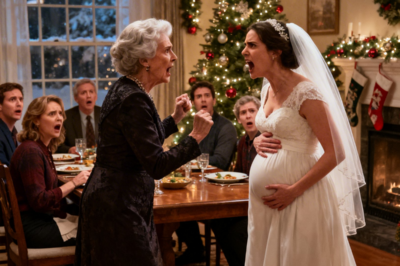 The Christmas Dinner That Ended My Husband’s Career  For two years of marriage, I never told my husband’s family the truth about who my father was.  Not because I was ashamed.  But because I wanted a normal life.  A life where people respected me for who I was—not for the power behind my last name.  That decision nearly cost me my child.  And it destroyed my husband’s career.  The Christmas That Began at Dawn  I had been awake since 5:00 a.m. that Christmas morning.  Seven months pregnant.  My lower back aching.  My ankles swollen.  But none of that mattered to my mother-in-law, Sylvia Miller.  To her, I wasn’t family.  I was staff.  “Anna!” she shouted from the dining room.  “Did you burn the roast again?”  “I’m checking it,” I answered from the kitchen.  The kitchen smelled of garlic, turkey, and cinnamon. I had spent hours preparing everything: roasted turkey, mashed potatoes, cranberry sauce, honey-glazed carrots, stuffing, pies.  It looked like something from a holiday magazine.  But no one thanked me.  Sylvia swept into the kitchen like a storm cloud.  Her expensive perfume mixed unpleasantly with the smell of food.  “Why are you moving so slowly?” she snapped.  “I’m pregnant,” I said quietly.  “Seven months pregnant,” she mocked.  “Women have been having babies for thousands of years without complaining.”  I stayed silent.  Because arguing with Sylvia was like arguing with a brick wall.  And my husband, David, never defended me.